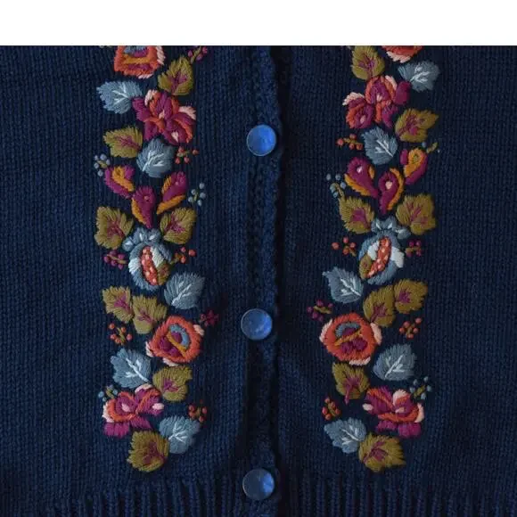 Vintage 80s Navy Blue Knit Cardigan Sweater with Floral Embroidery - Size Small - Picture 4 of 5